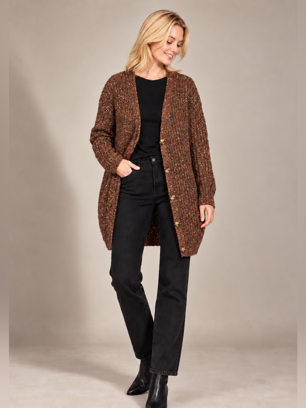 SoyaConcept Wool blend Brown Flecked Longline Cardigan Duster Size L
